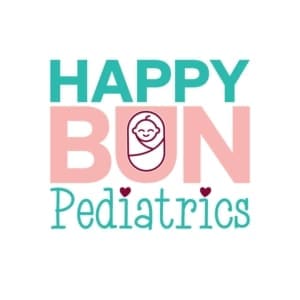 happy-bun-pediatrics-logo-happy-bun-peds. The Happy Bun Pediatrics logo featuring teal and pink text with a smiling swaddled baby icon in the center.