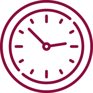 analog-clock-icon-happy-bun-peds. A round analog clock icon showing approximately 10:10, rendered in dark red line art on a transparent background.