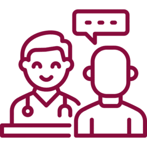 doctor-consulting-with-patient-icon-happy-bun-peds. A smiling doctor with a stethoscope speaking with a patient, represented by a speech bubble with three dots, shown as a dark red line art icon on a transparent background.