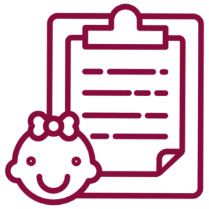 baby-with-medical-clipboard-icon-happy-bun-peds. A smiling baby girl's face with a bow next to a clipboard with lined text, rendered in dark red line art on a transparent background.