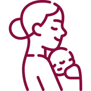 mother-holding-newborn-icon-happy-bun-peds. A woman in profile cradling a newborn baby against her shoulder, rendered in dark red line art on a transparent background.