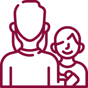 parent-and-child-icon-happy-bun-peds. An adult figure standing beside a smiling child, rendered in dark red line art on a transparent background.
