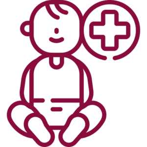 baby-with-medical-cross-icon-happy-bun-peds. A smiling baby sitting cross-legged next to a medical cross symbol in a circle, rendered in dark red line art on a transparent background.