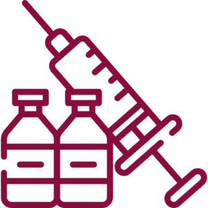 vaccine-vials-and-syringe-icon-happy-bun-peds. Two medicine vials next to a large syringe, rendered in dark red line art on a transparent background.